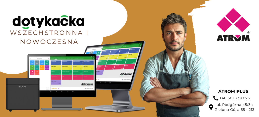 Baner Dotykacka, drukarka fiskalna czarna Elzab Cube i dwa Komputery Point of Sale.